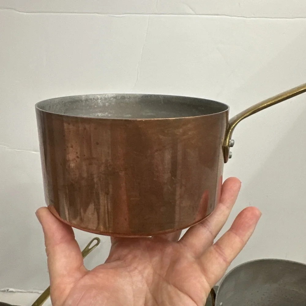 Vintage 4 Pc Set Graduating Copper Pot Brass Handles Tin Lined Made In France